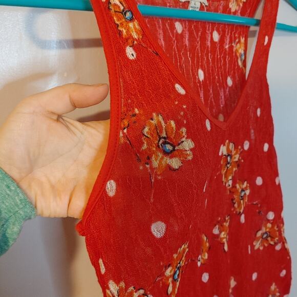Lily Star Size Juniors Large REd Stretchy Sheer Floral Tank Top Polka Dot Summer - Picture 6 of 8